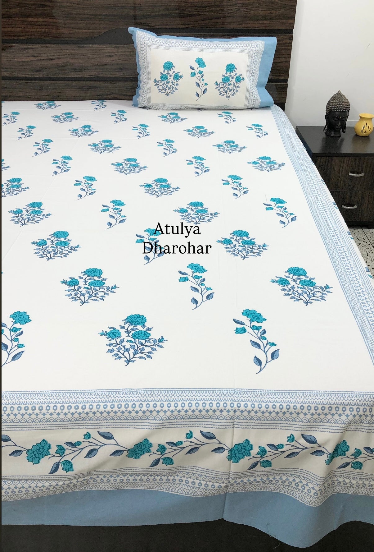 Blue Floral Motifs Cotton Super King Bedsheet