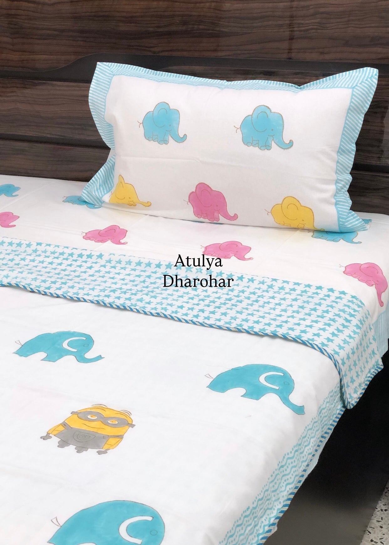 Elephant and Minion Hand Block Printed Baby Mulmul Dohar