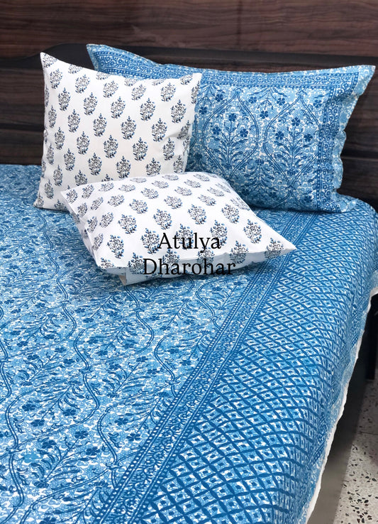 Blue Mughal Jaal Cotton King Size Bedsheet