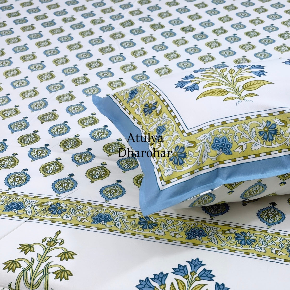 Blue and Green Floral Motifs Cotton Super King Bedsheet