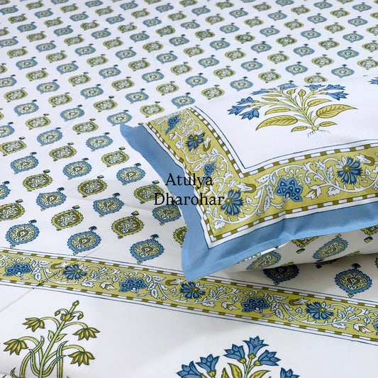 Blue and Green Floral Motifs Cotton Super King Bedsheet