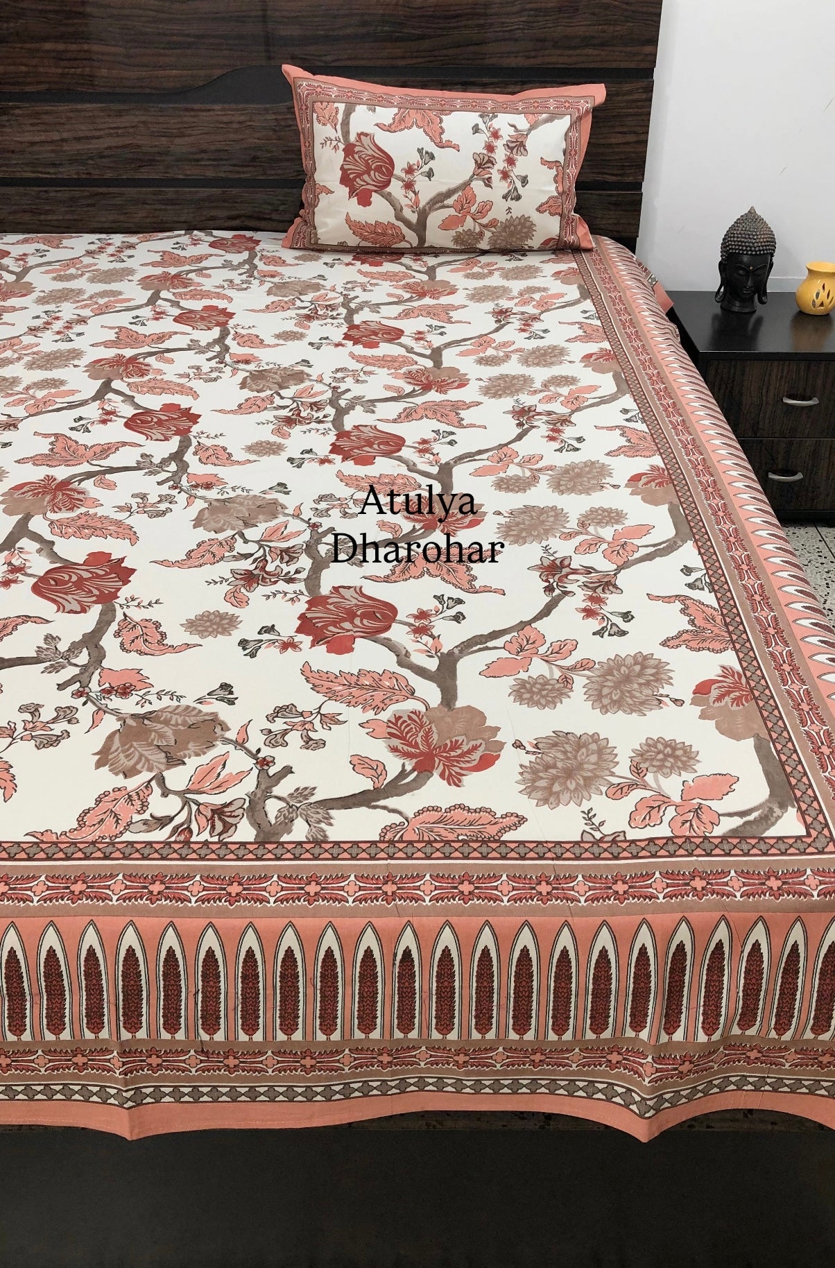 Orange Floral Jaal Cotton Super King Bedsheet