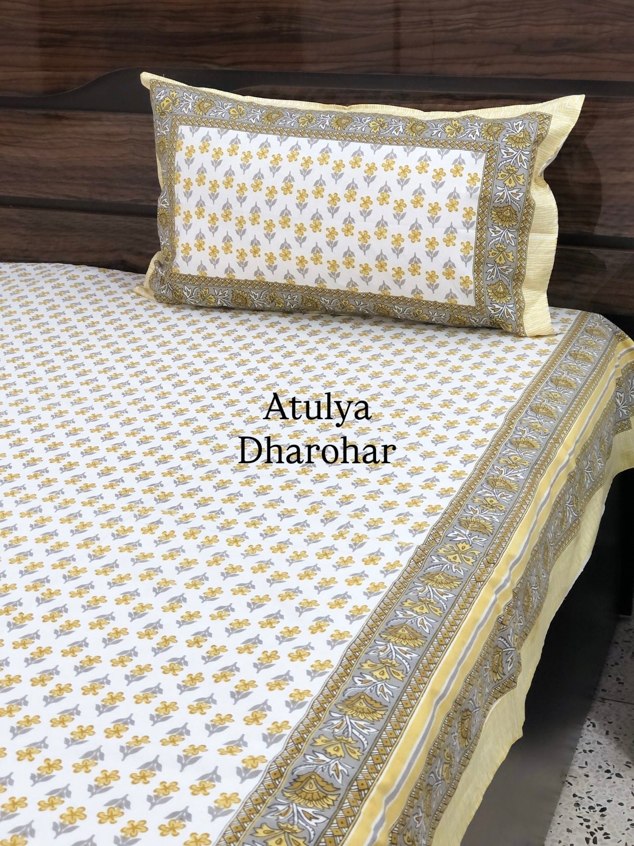 Yellow Floral Motifs Cotton King Size Bedsheet