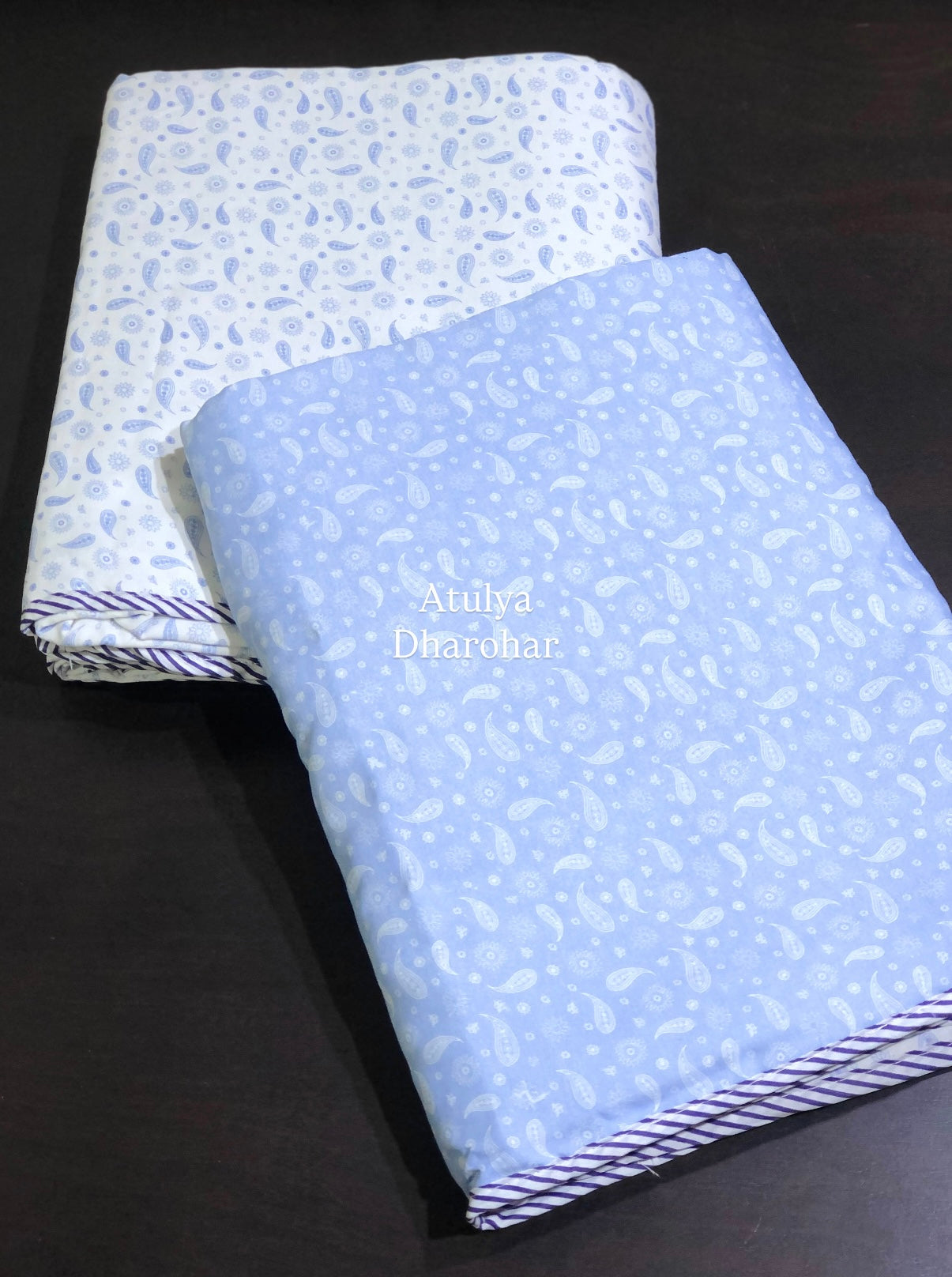 Blue Paisley Motifs Cambric Cotton Single Dohar Pair