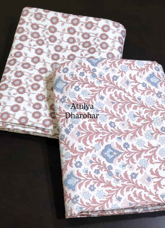 Rust and Blue Floral Jaal Cambric Cotton Single Dohar Pair