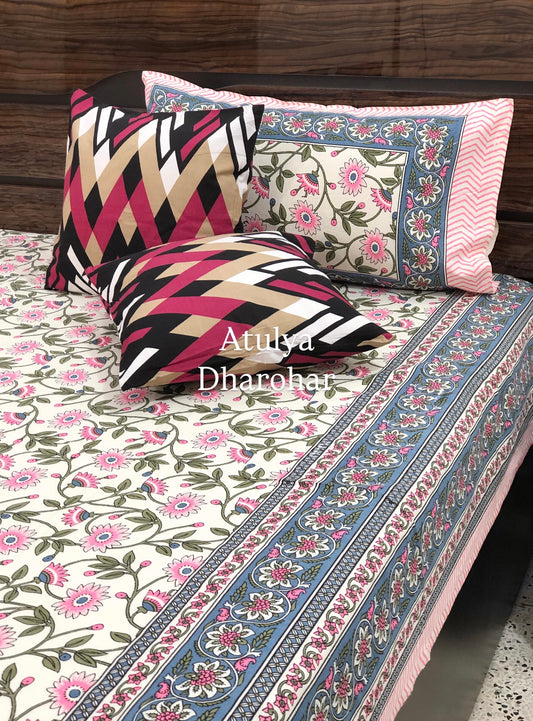 Pink Floral Jaal Cotton King Size Bedsheet