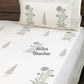 Grey and Green Floral Motifs Percale Cotton Hand Block Super King Bedsheet