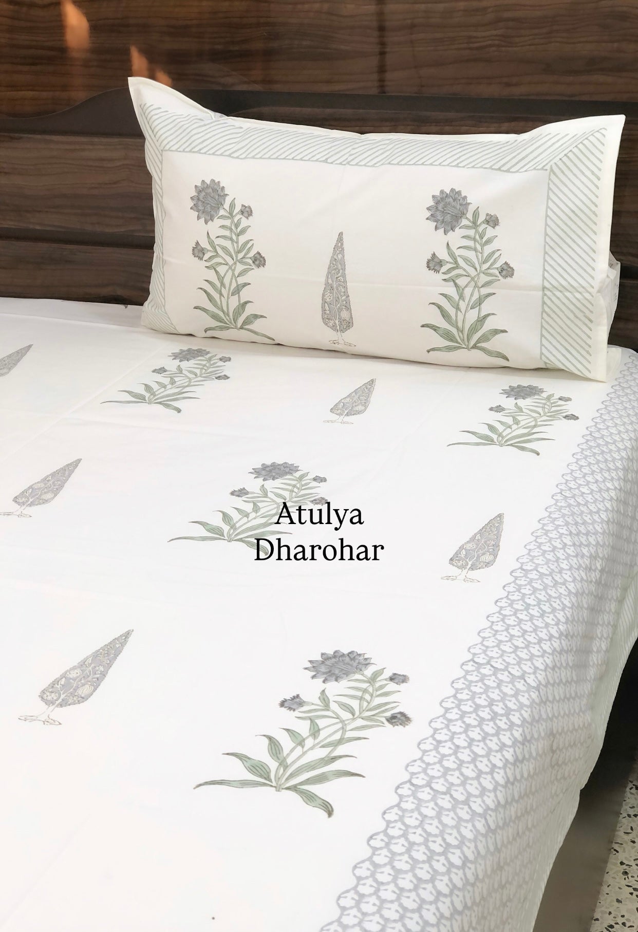Grey and Green Floral Motifs Percale Cotton Hand Block Super King Bedsheet