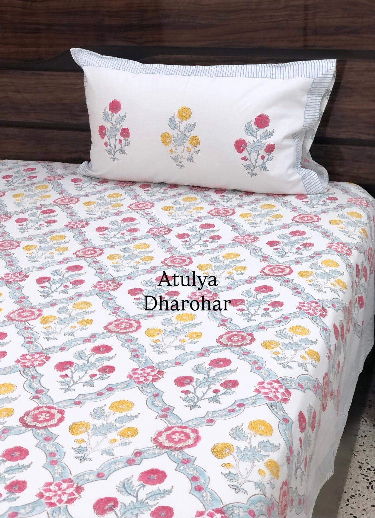 Multicolour Floral Mughal Jaal Hand Block Super King Cotton Bedsheet