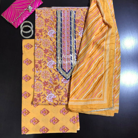 Yellow Gota Patti Suit Fabric with Cotton Dupatta