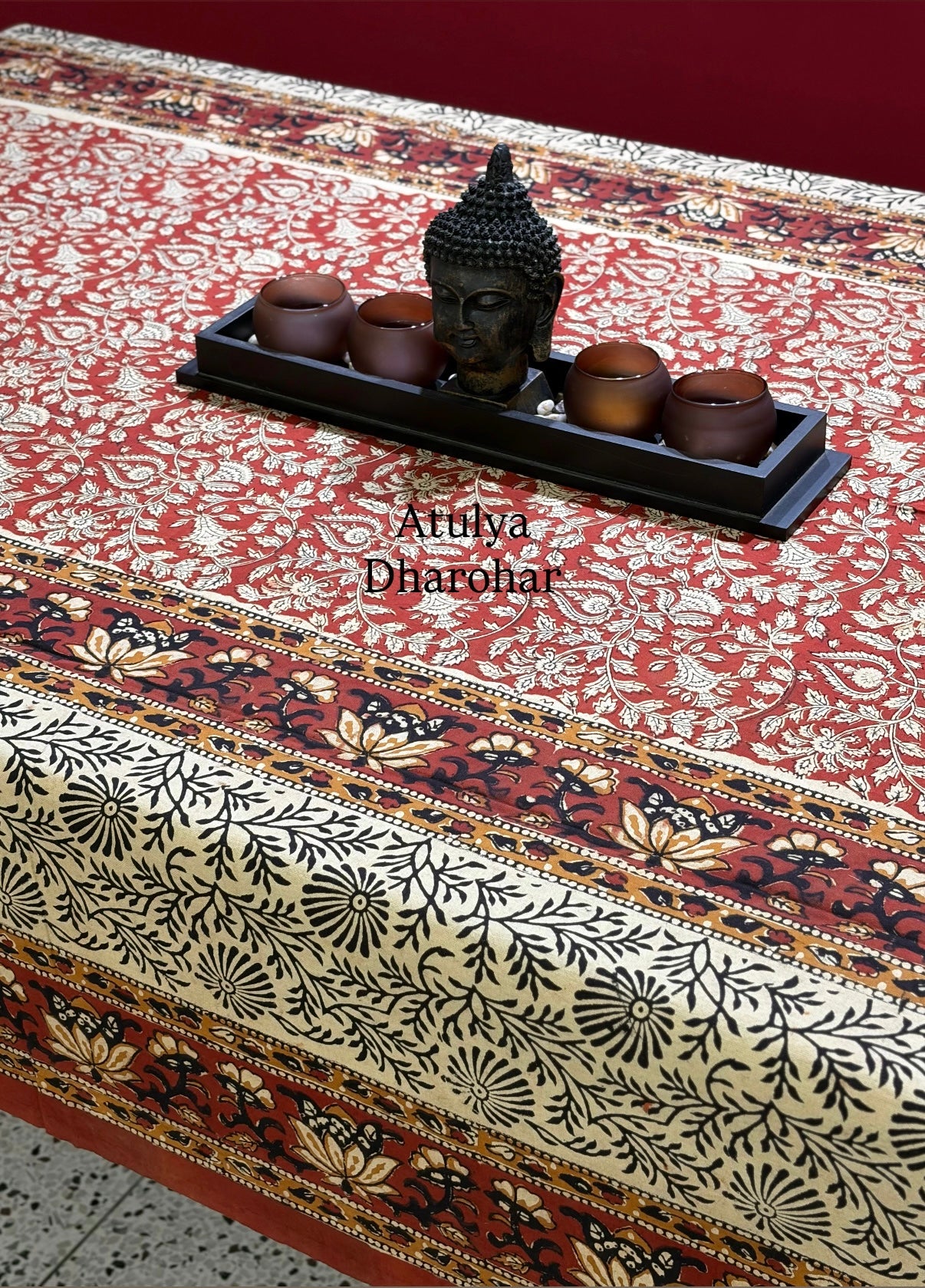Maroon Kalamkari Hand Block Dining Table Cover