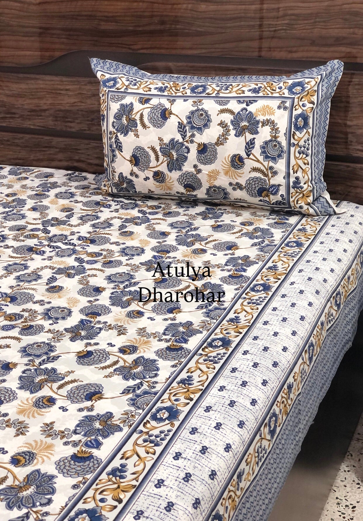 Blue and Brown Floral Jaal Cotton King Size Bedsheet