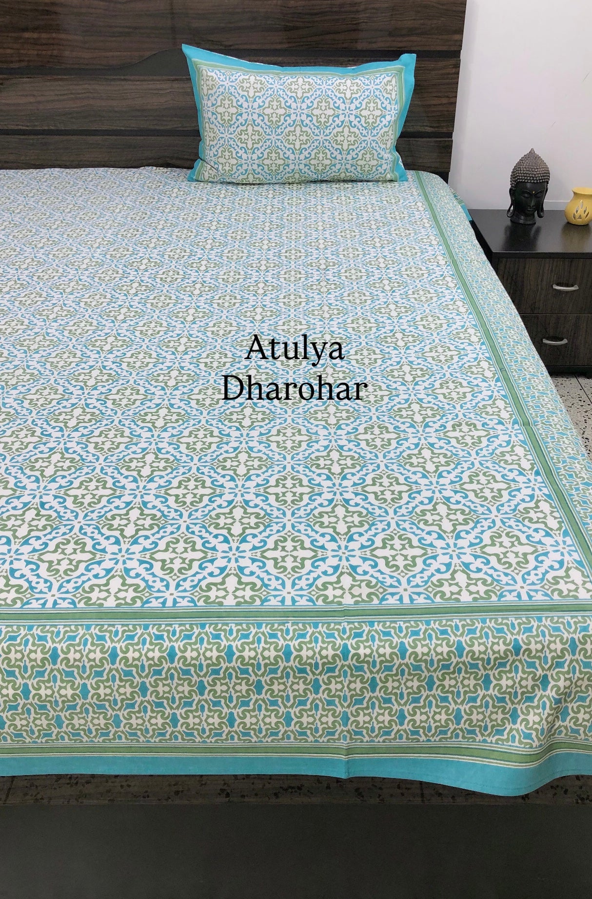 Turquoise and Green Mughal Jaal Cotton King Size Bedsheet