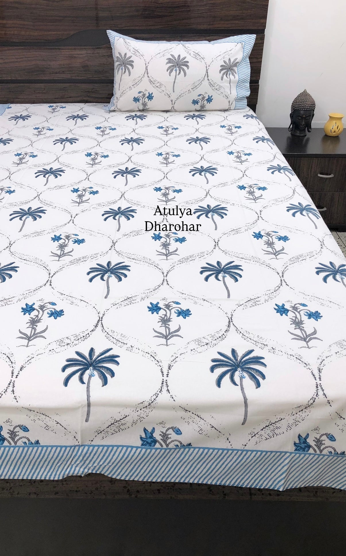 Blue and Grey Palm Tree Mughal Jaal Cotton Single Bed Bedsheet