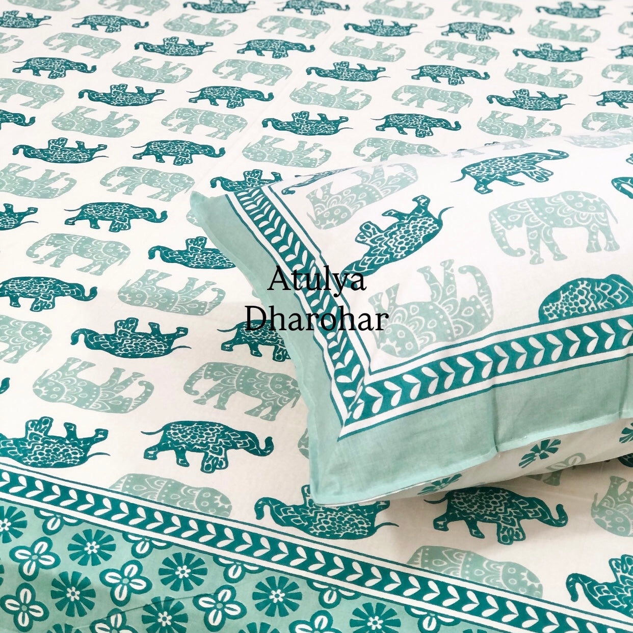 Turquoise Elephant Motifs Cotton King Size Bedsheet