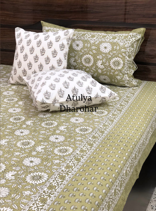 Green Floral Jaal Cotton King Size Bedsheet