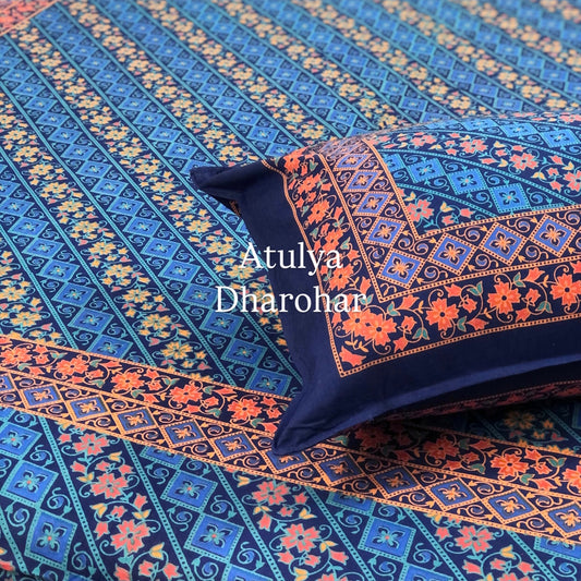 Blue and Orange Mandala Cotton King Size Bedsheet