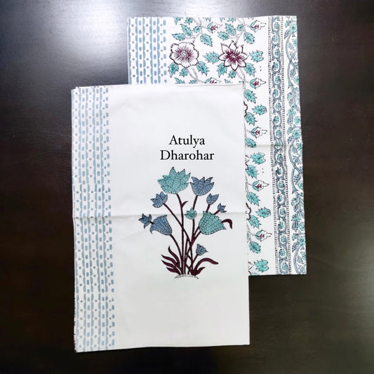 Blue and Turquoise Floral Motifs & Jaal Percale Cotton Hand Block Pillow Covers