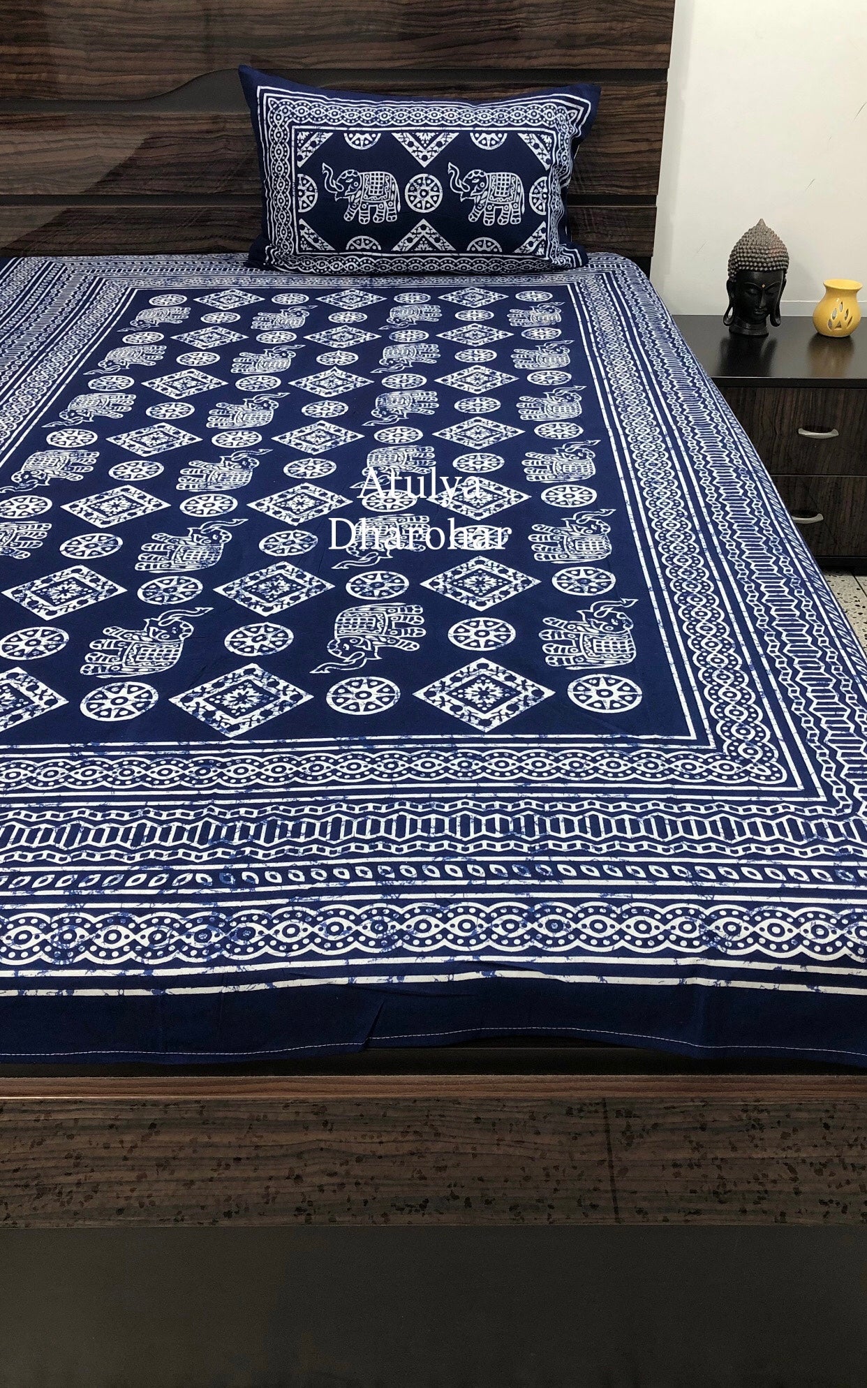 Indigo Elephant Motifs Cotton Single Bedsheet