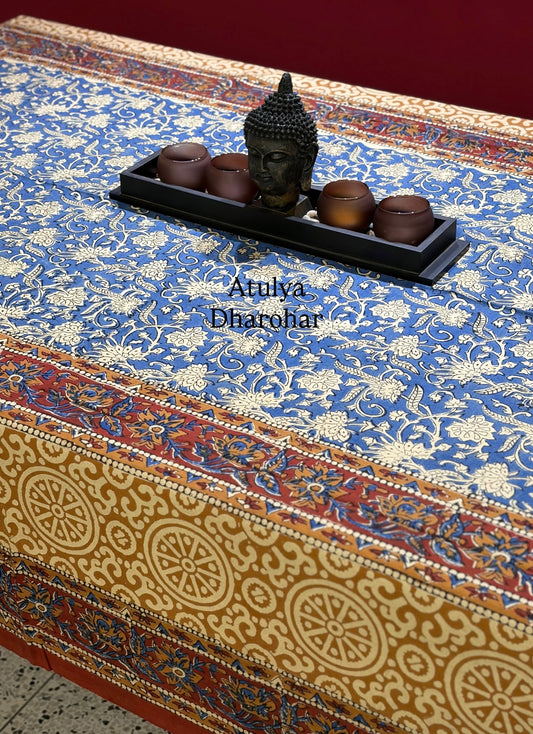 Indigo Kalamkari Hand Block Dining Table Cover