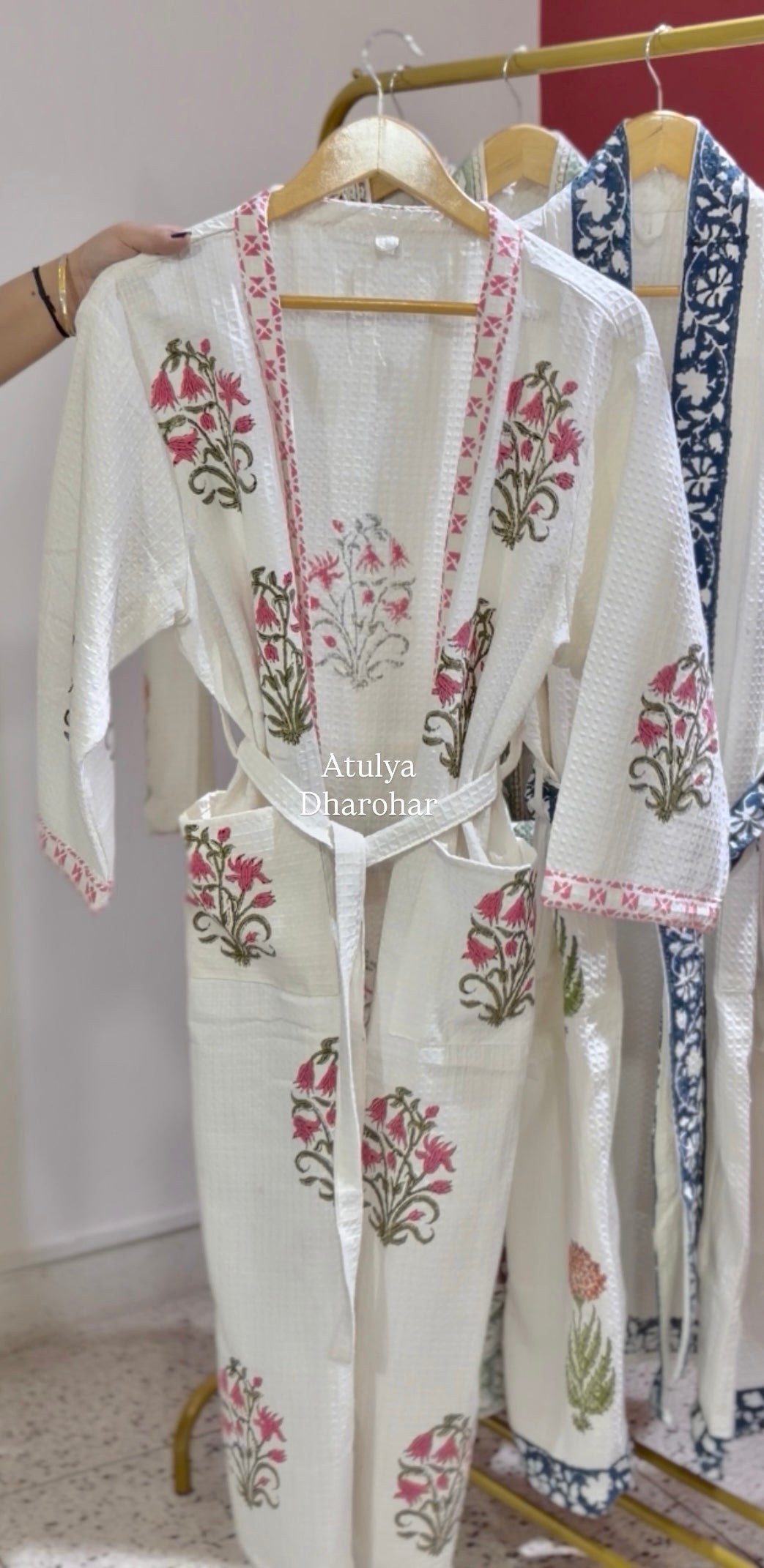 Pink Floral Hand Block Printed Waffle Cotton Bathrobe