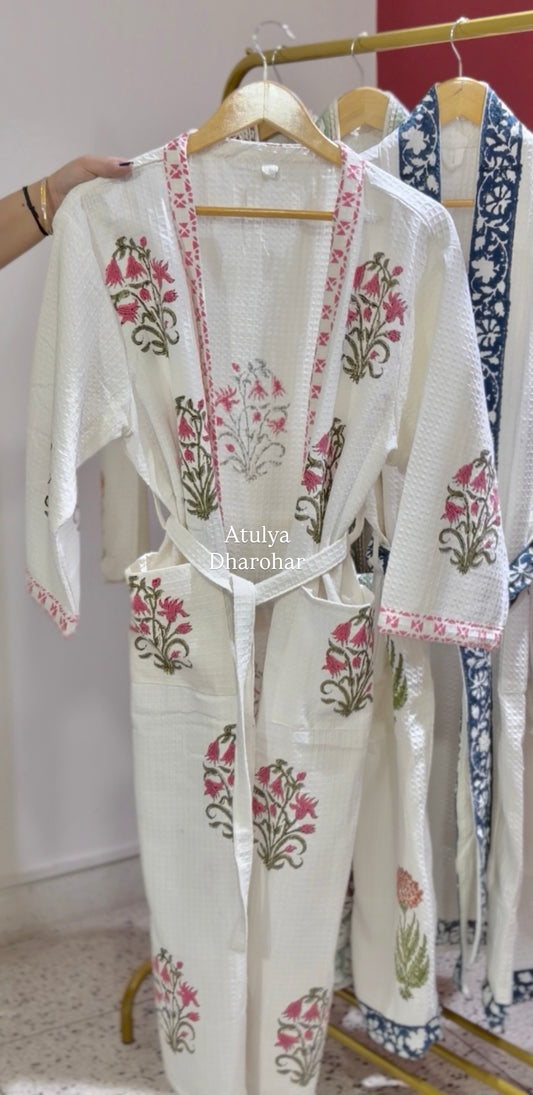 Pink Floral Hand Block Printed Waffle Cotton Bathrobe
