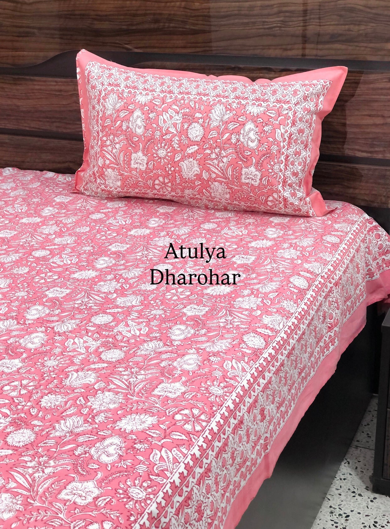 Pink Floral Cotton Super King Bedsheet
