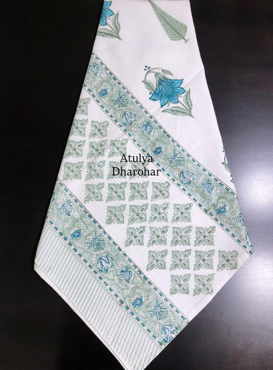 Green and Blue Floral Motifs Hand Block Printed Waffle Cotton Towel