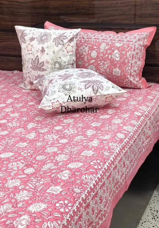 Pink Floral Cotton Super King Bedsheet