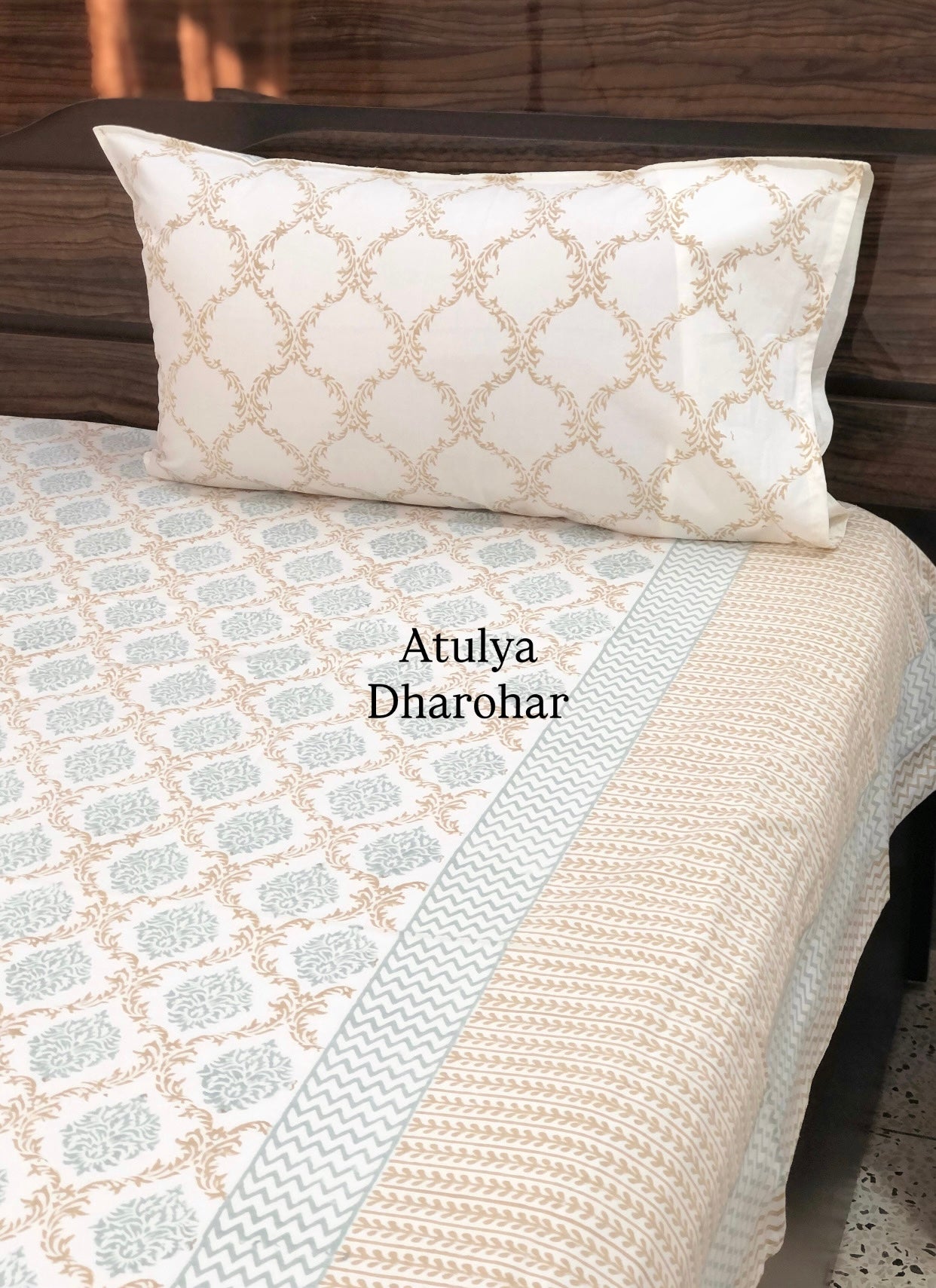 Golden Brown Mughal Jaal Percale Cotton Hand Block Super King Bedsheet