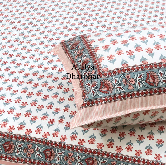 Peach Floral Motifs Cotton King Size Bedsheet