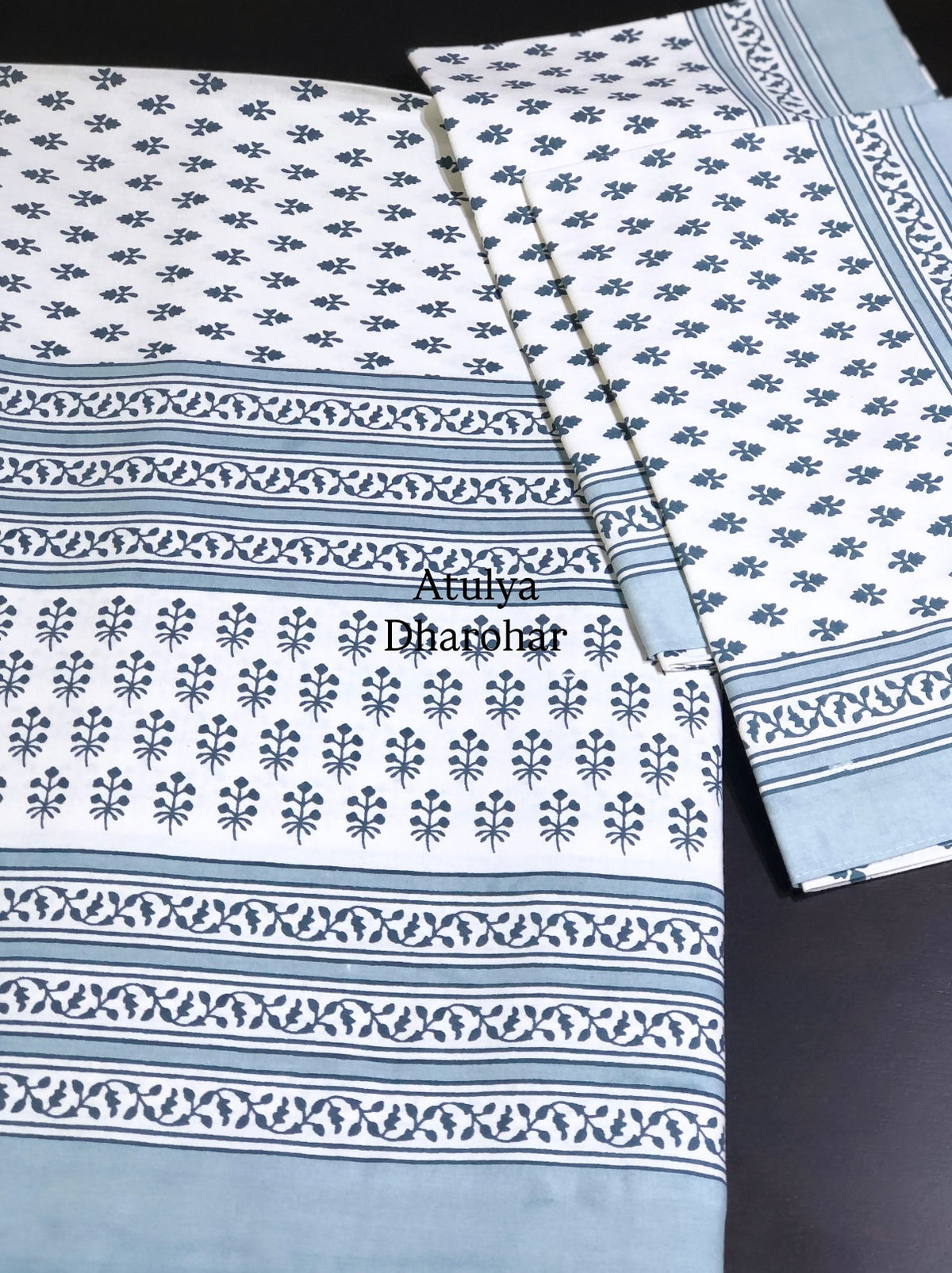Greyish Blue Butti Cotton King Size Bedsheet