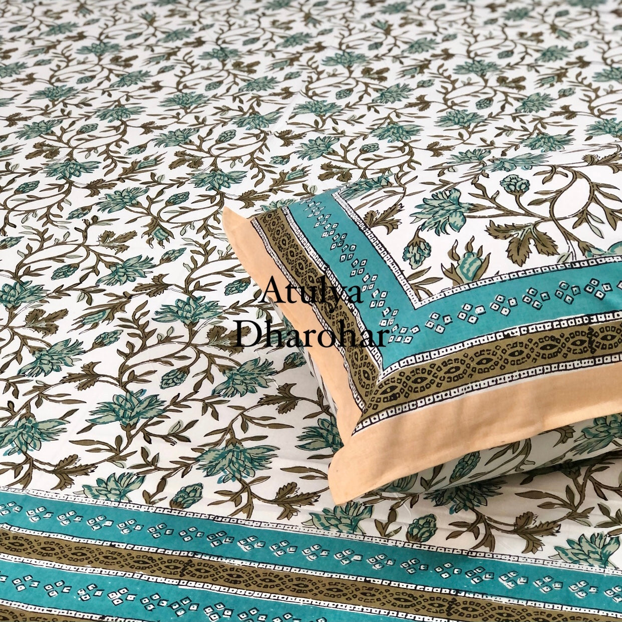 Turquoise Green and Brown Floral Jaal Bedsheet