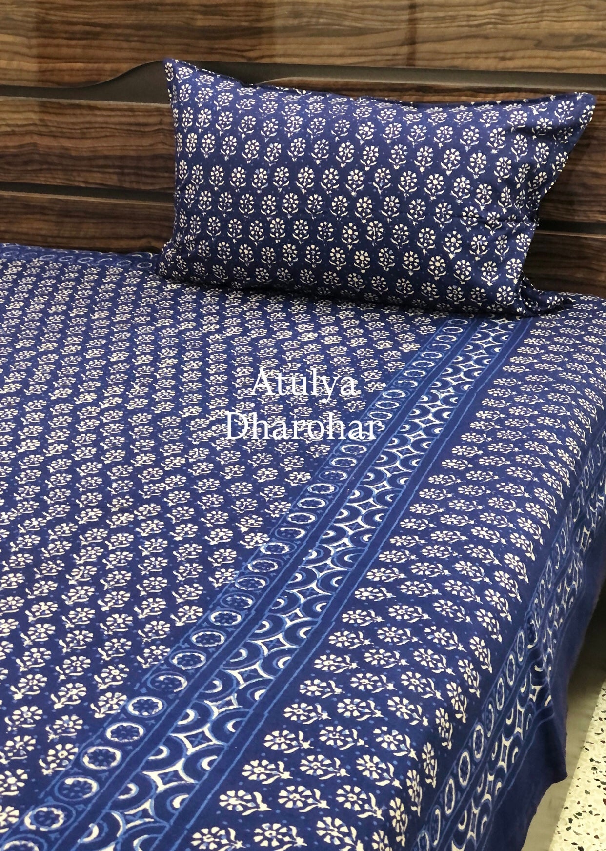 Indigo Butti Hand Block Printed Super King Bedsheet