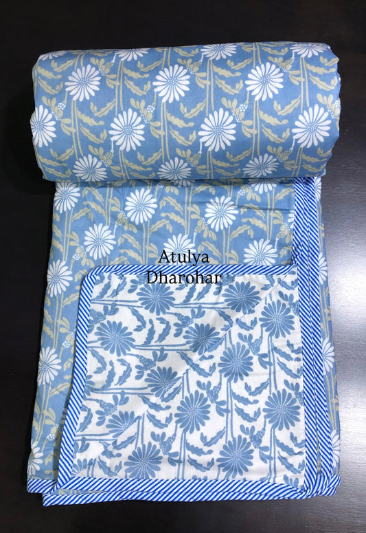 Blue Floral Jaal Mulmul Double Bed Dohar
