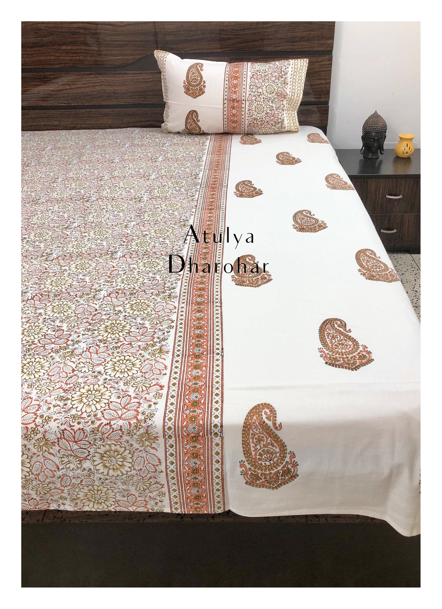 Rust Floral Jaal and Paisley Motifs Hand Block Bedsheet