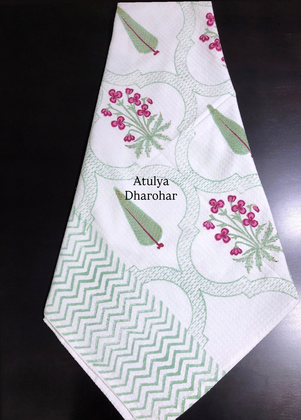 Pink and Green Mughal Jaal Hand Block Printed Waffle Cotton Towel
