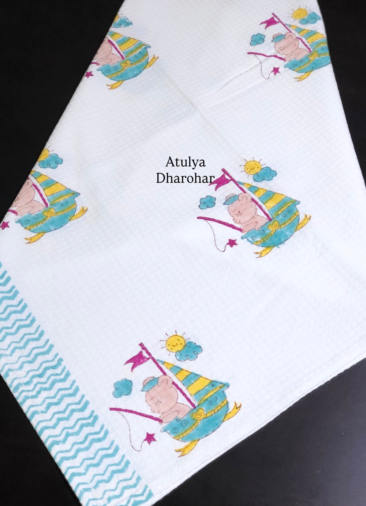 Sailing Bunny on Sunny Day Hand Block Printed Waffle Cotton Kids Towel