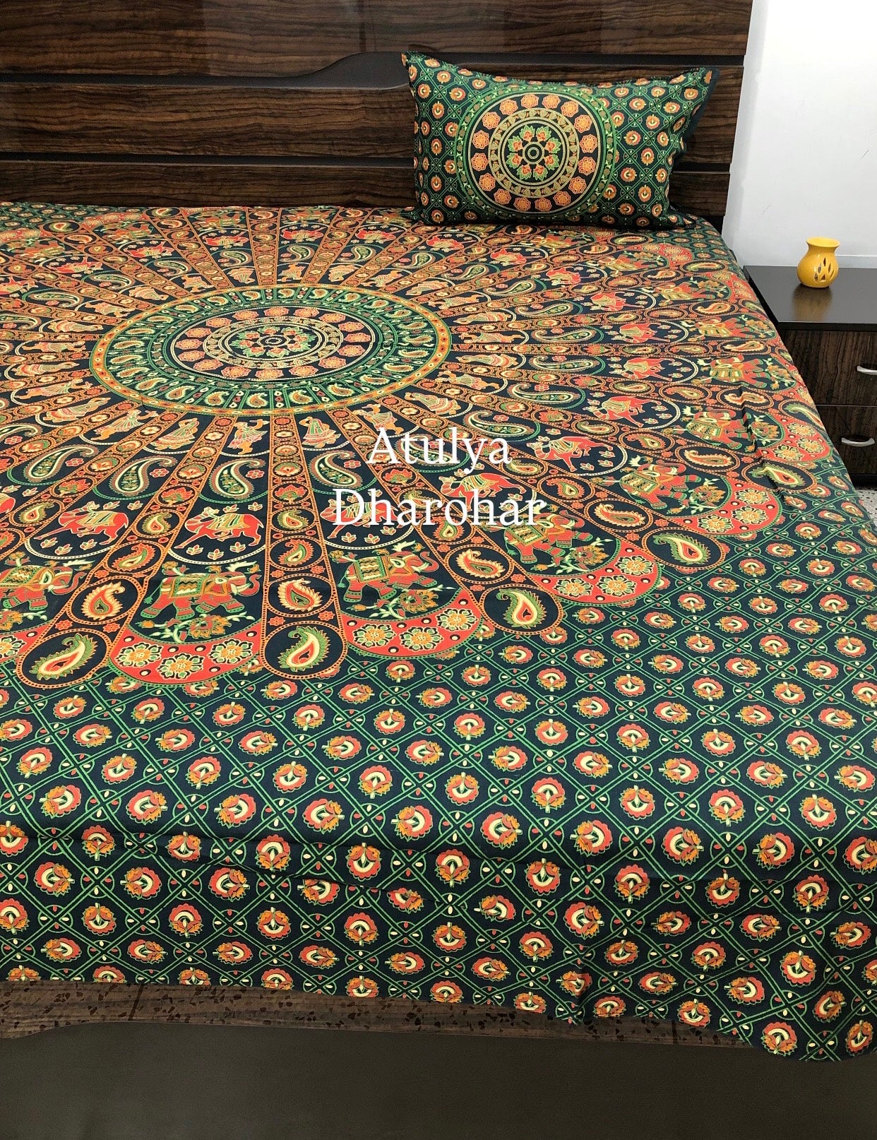 Green Mandala Cotton King Size Bedsheet