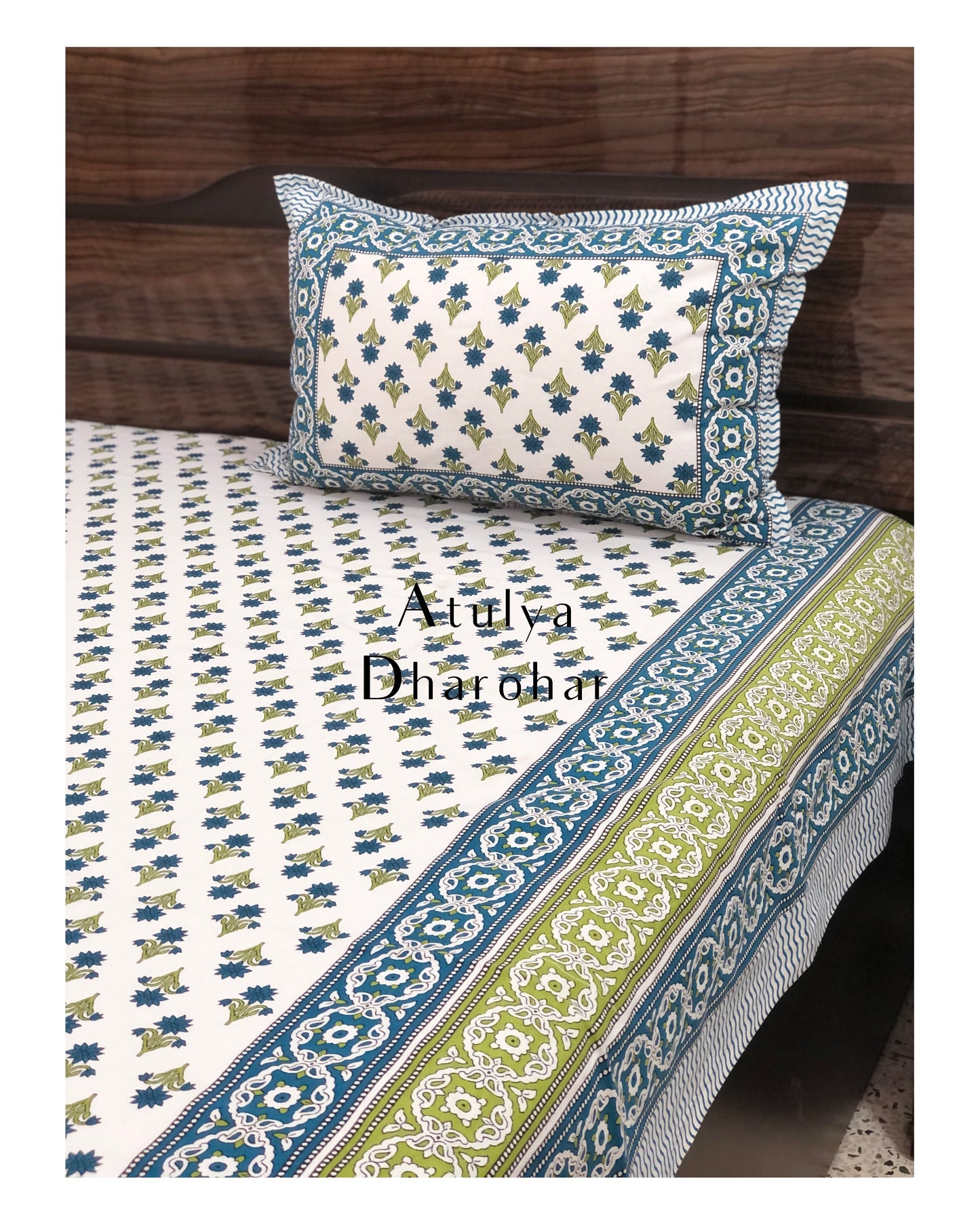 Blue and Green Floral Motifs Bedsheet