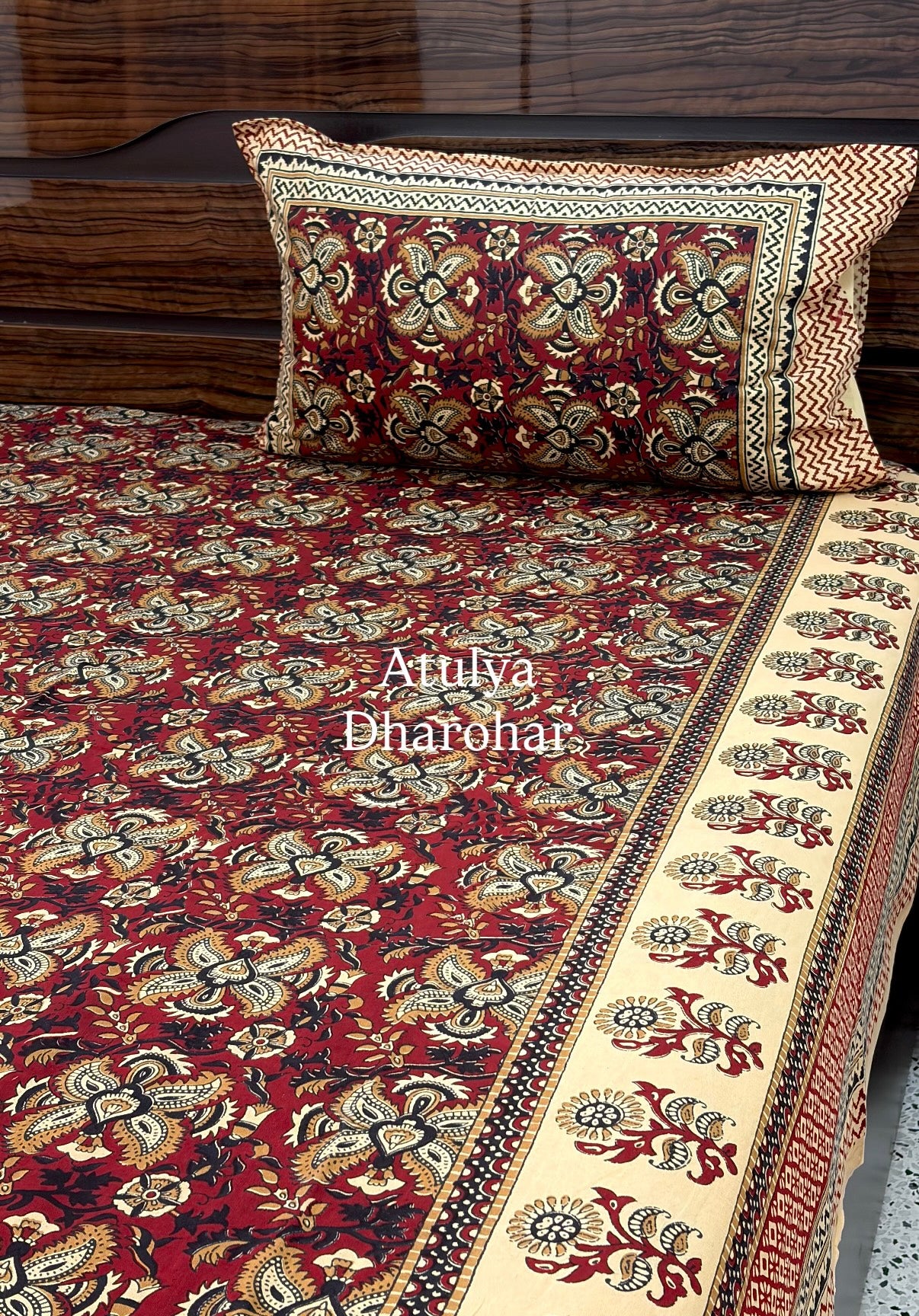 Dark Maroon and Black Cotton Kalamkari Super King Bedsheet