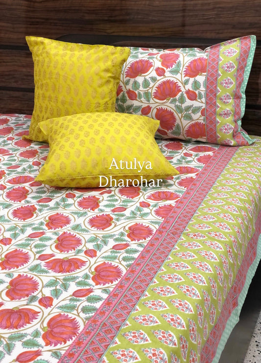 Pink and Green Lotus Jaal Cotton King Size Bedsheet