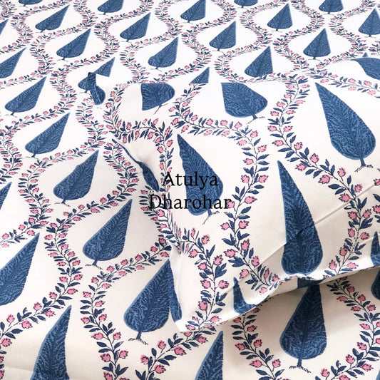Blue and Pink Mughal Jaal Cotton Super King Bedsheet