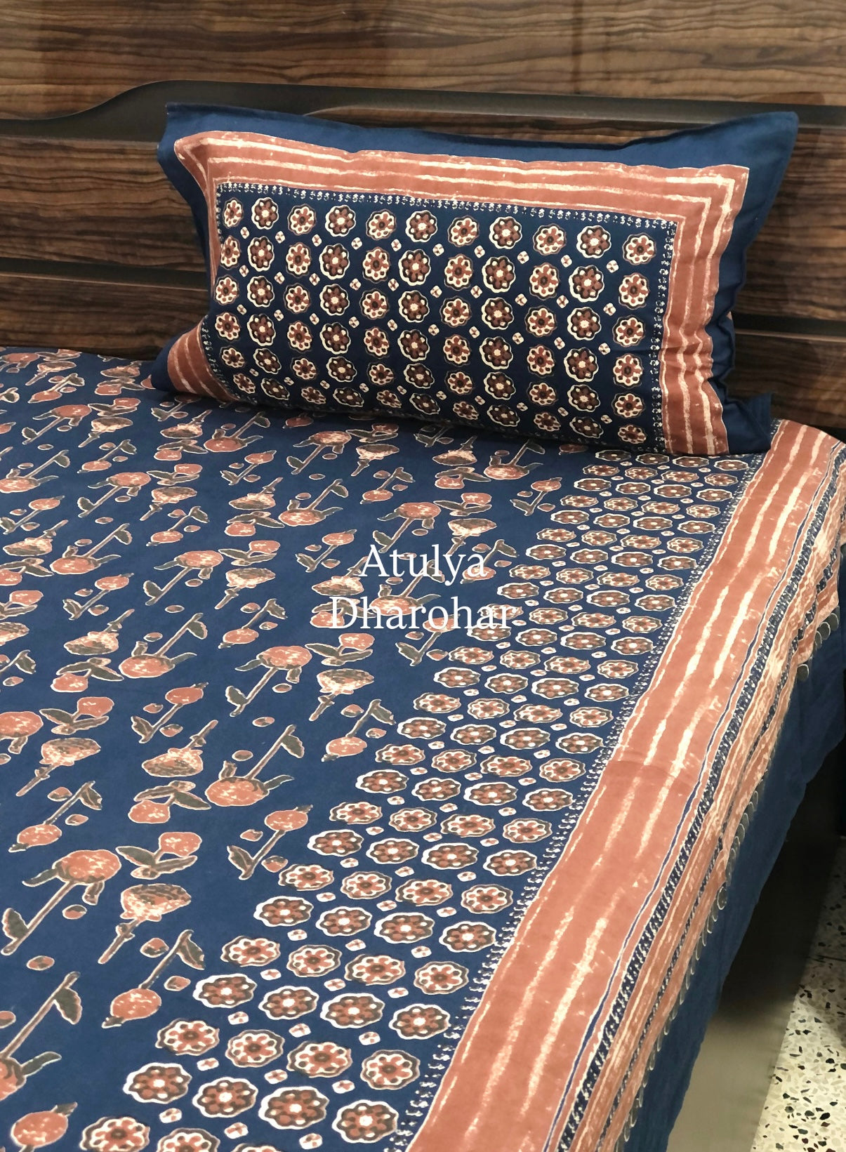Navy Blue Floral Motifs Cotton Super King Bedsheet