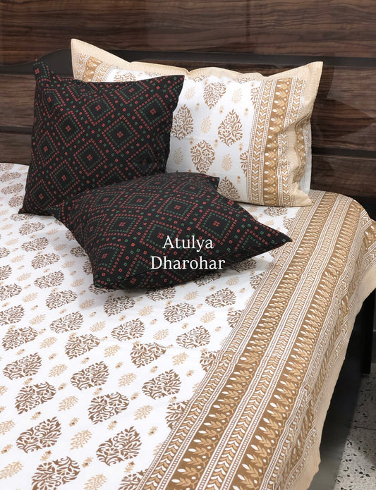 Brown Mughal Motifs Cotton King Size Bedsheet