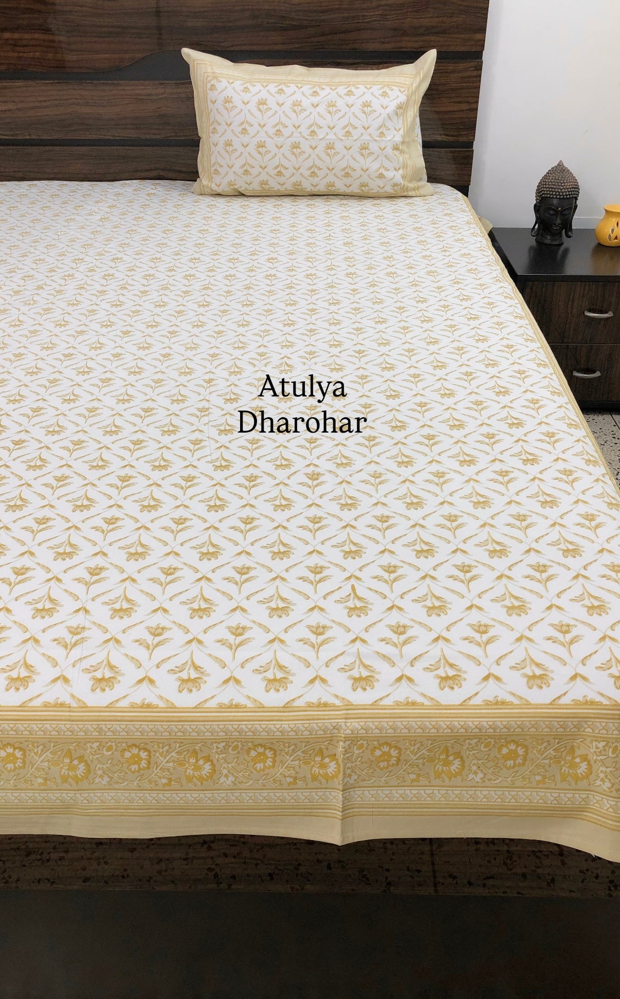 Yellow and Beige Floral Mughal Jaal Cotton King Size Bedsheet