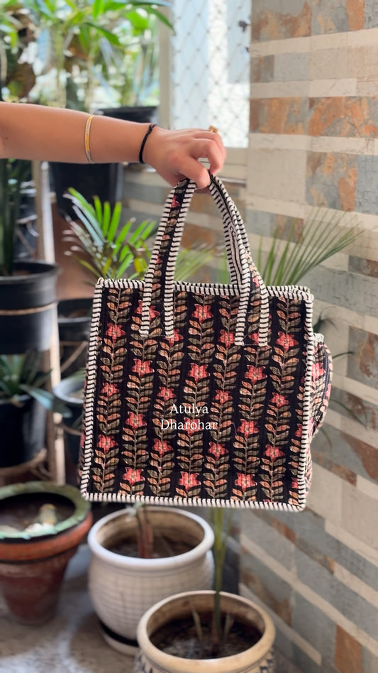 Black Floral Mini Tote Bag with Zip
