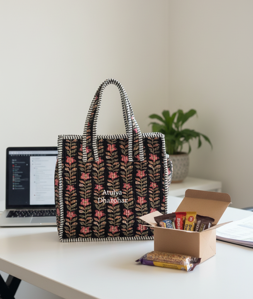 Black Floral Mini Tote Bag with Zip
