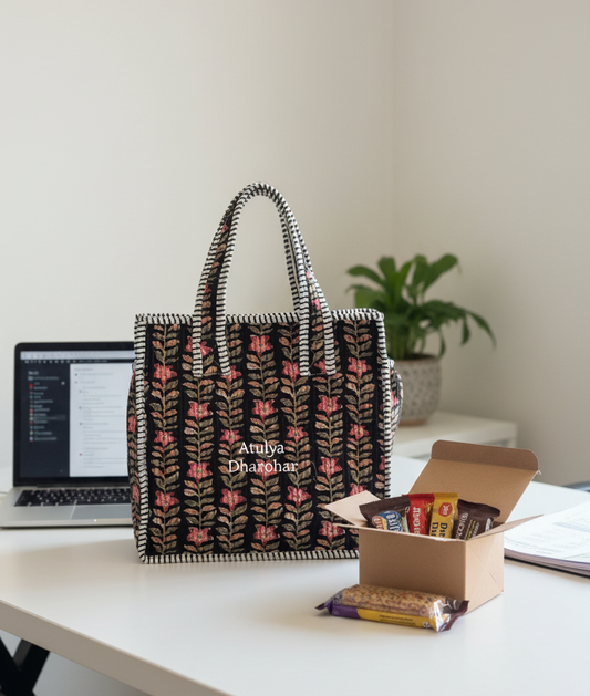 Black Floral Mini Tote Bag with Zip