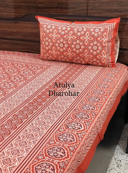 Rusty Red Ajrakh King Size Bedsheet